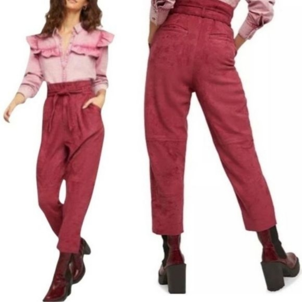 $128 Free People Nightfall Paper Bag Pants Trousers Queen Pomegranate - Picture 6 of 12